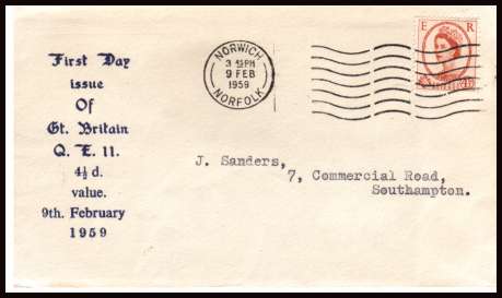 view larger back view image for Wilding - Edward Crown - 4�d on small neat envelope with Dark Blue printed cachet cancelled with a crisp NORWICH wavy line cancel addressed to the famous SOUTHAMPTON dealer 'J. Sanders'. Fresh and clean!