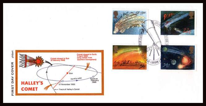 view larger back view image for Halley's Comet set of four on unaddressed colour illustrated PHILART first day cover cancelled with THE LONDON PLANETARIUM - LONDON NW1 illustrated special cancel dated 18 FEB 1986
