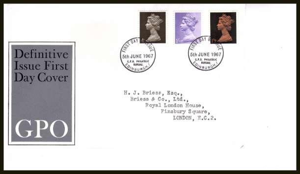 view larger back view image for Machin 4d 1/- 1/9d - set of three on neatly typed official Post Office FDC cancelled with BRITISH PHILATELIC BUREAU - EDINBURGH cancel - Type C - dated 5 JUNE 1967. SG Cat �3.00 
<br/><b>SQR</b>