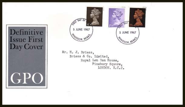 view larger back view image for Machin  4d 1/- 1/9d- set of three on neatly typed official Post Office FDC cancelled with WINDSOR - BERKS - Type C - dated 5 JUNE 1967. SG Cat �3.00 
<br/><b>SQR</b>