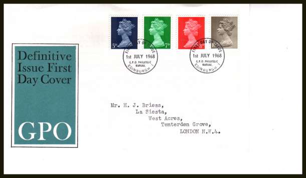 view larger back view image for Machin 5d 7d 8d 10d- set of three on neatly typed official Post Office FDC cancelled with BRITISH PHILATELIC BUREAU - EDINBURGH cancel - Type C - dated 1 JULY 1968. SG Cat �3.00 
<br/><b>SQR</b>