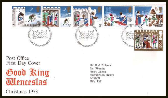 view larger back view image for Christmas set of siv on neatly typed official Post Office FDC cancelled with BRITISH PHILATELIC BUREAU - EDINBURGH cancel  dated 28 NOVEMBER 1973. SG Cat �3.00 
<br/><b>SQR</b>