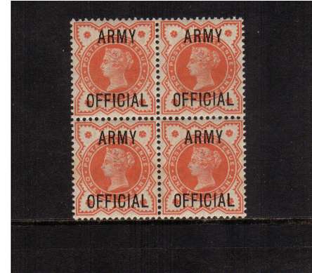 view larger image for SG O41 (1896) - �d Vermilion overprinted 'ARMY OFFICIAL' in a very lightly mounted mint block of four (lower pair unmounted) 
<br/><b>AQP</b>