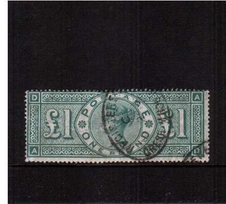 view larger image for SG 212 (1891) - £1 Green lettered 'A-D' A good looking stamp but sadly has been torn. SG Cat £700
<br/><b>QQH</b>