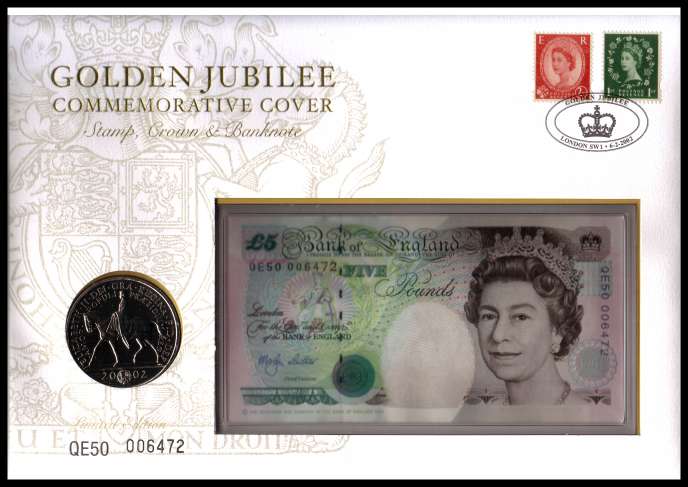 view larger back view image for Royal Mail and Royal Mint commemorative cover commemorating:<br/>The Queen's Golden Jubilee - �5 coin& �5 note
<br/><br/>SG Cat �28