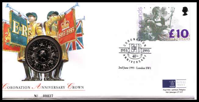 view larger back view image for Royal Mail and Royal Mint commemorative cover commemorating:<br/>40th Anniversary of Coronation - �5 coin<br/>
<br/>SG Cat �28