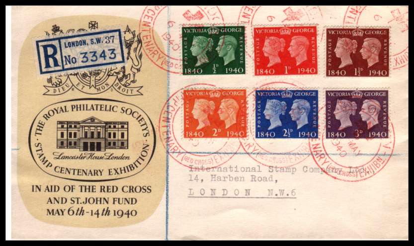 view larger back view image for Centenary of First Postage Stamp set of six on Registered colour illustrated FDC with neatly typed address cancelled with six strikes of the STAMP CENTENARY RED CROSS special handstamp in Red. Very pretty!
<br/><b>QQA</b>