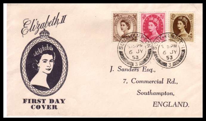 view larger back view image for Wilding - Tudor Crown 5d 8d 1/- set of three on illustrated ''J SANDERS'' printed address and cachet FDC cancelled with a SOUTHAMPTON double ring CDS. Crisp and clean!
<br/><b>QQA</b>