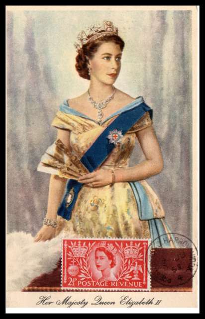 view larger back view image for 2�d  Coronation single on a TUCK colour postcard with portrait by DOROTHY WILDING cancelled with a PRESTON ROAD - HARROW steel CDS dated 3 JU 53.  Shown in BOOTH 30th Edition cataloue. BOOTH Cat �20. Pretty!!
<br/><b>QQA</b>