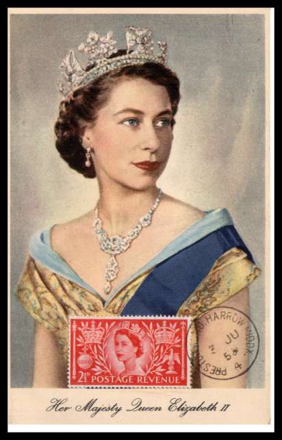 view larger back view image for 2�d Coronation single on a TUCK colour postcard with portrait by DOROTHY WILDING cancelled with a PRESTON ROAD - HARROW steel CDS dated 3 JU 53. Shown in BOOTH 30th Edition cataloue. BOOTH Cat �20. Pretty!! <br/><b>QQA</b>