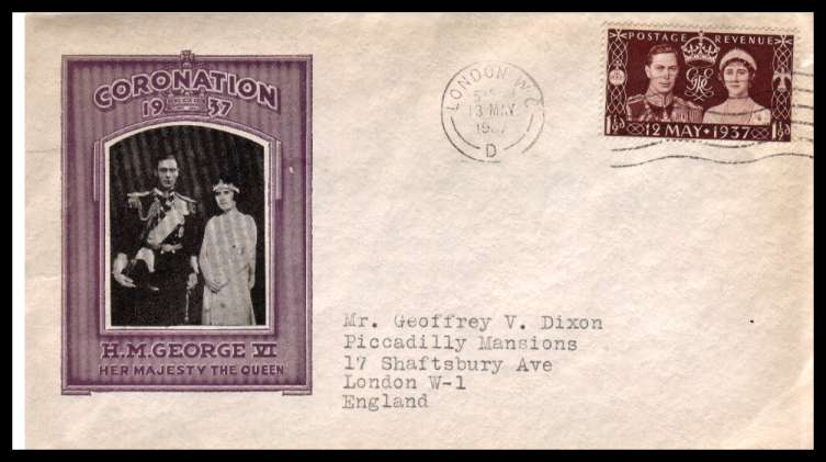 view larger back view image for Coronation single on two colour illustrated FDC with neatly typed address cancelled with a clearly dated LONDON W C wavy line cancel.
<br/><b>QQA</b>