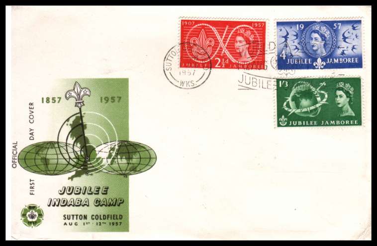 view larger back view image for Scouts Jubilee Jamboree set of three on OFFICIAL colour illustrated UNADDRESSED FDC cancelled with the SUTTON COLDFIELD slogan cancel. Superb!
<br/><b>QQA</b>