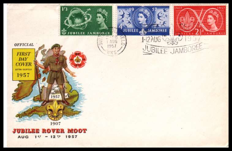 view larger back view image for Scouts Jubilee Jamboree set of three on OFFICIAL colour illustrated UNADDRESSED FDC cancelled with the SUTTON COLDFIELD slogan cancel. Superb! 

<br/><b>QQA</b>