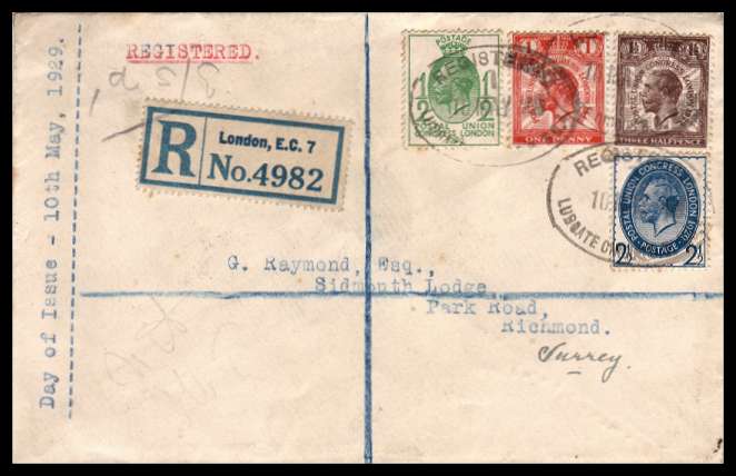 view larger back view image for Postal Union Congress set of four on a small neat Registered cover with typed address cancelled with three strikes on the front and one on the back from a central London office reading REGISTERED - LUDGATE CIRCUS B.O. dated 10 MAY 29.<br/><b>QQA</b>
