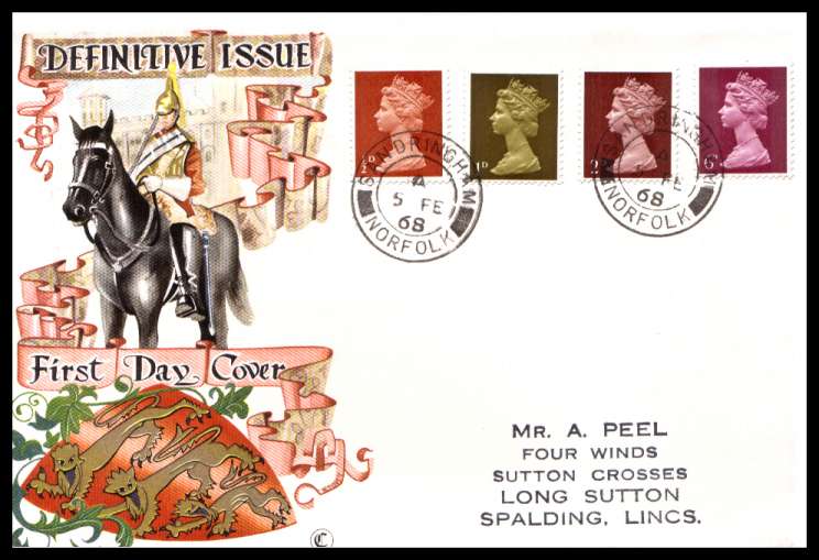 view larger back view image for Machin �d 1d 2d 6d - set of four on a neatly addressed CONNOISSEUR FDC cancelled withtwo strikes of a SANDRINGHAM - NORFOLK double ring steel CDS 
<br/><b>QQA</b>