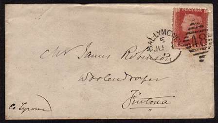 view larger front view of image for 1d Red Plate 154 lettered 'E-C' on a small neat complete envelope cancelled with an Irish duplex cancel for BALLYMONEY sent to FINTONA (a very small village) on JU 2 73. Rather nice!