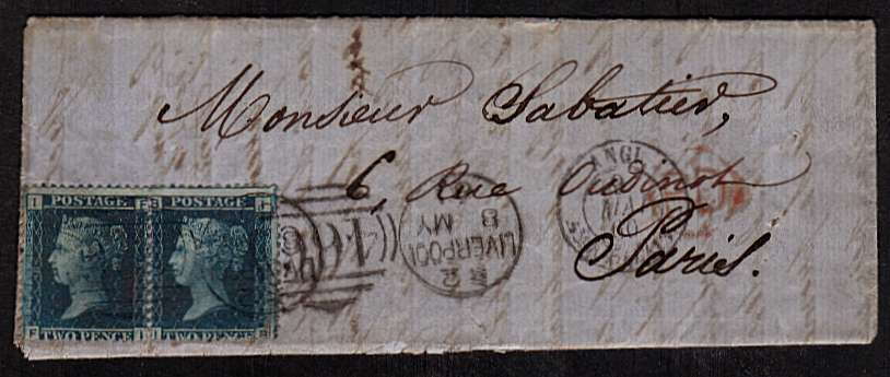 view larger front view of image for Two 2d Blues from Plate 8 lettered 'F-I' and 'I-B' on a tiny complete entire to PARIS cancelled with a LIVERPOOL duplex 8 MY 60 with a small Red London transit cancel a day later and a French arrival cancel on front. Pretty