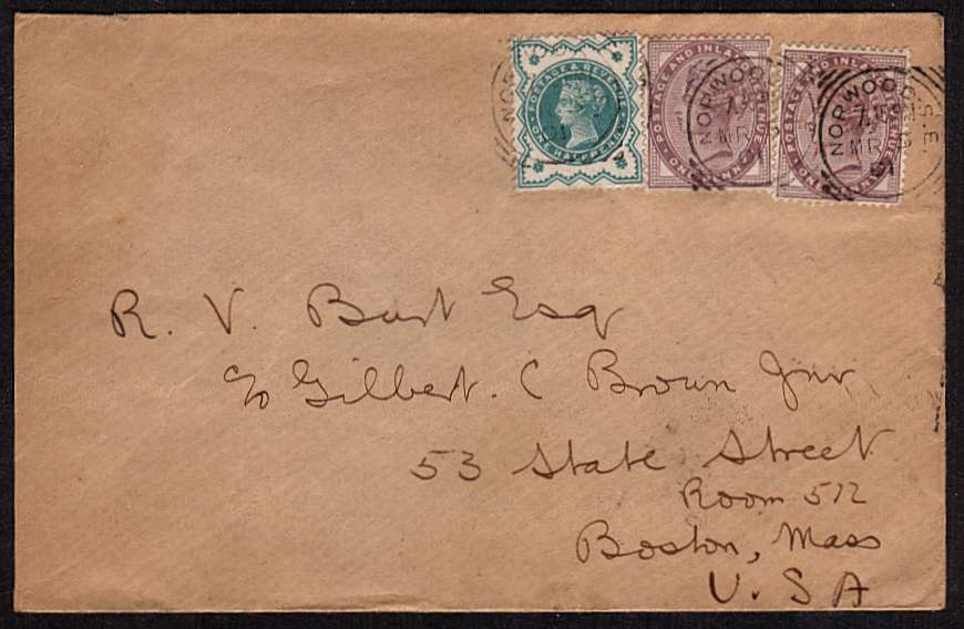 view larger front view of image for �d Blue-Green and two 1d Lilacs on small complete envelope cancelled with a London 'squared circle' cancel for NORWOOD S.E. dated MR 5 01 and a lovely crisp BOSTON arrival mark on the back dated MAR 14 19 01. It wont get there any quicker today!!!