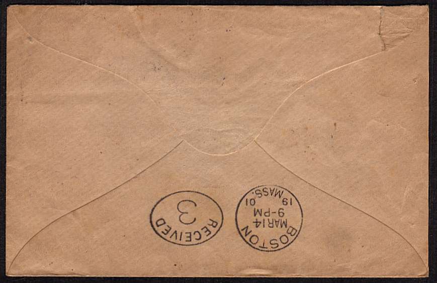 view larger back view of image for �d Blue-Green and two 1d Lilacs on small complete envelope cancelled with a London 'squared circle' cancel for NORWOOD S.E. dated MR 5 01 and a lovely crisp BOSTON arrival mark on the back dated MAR 14 19 01. It wont get there any quicker today!!!