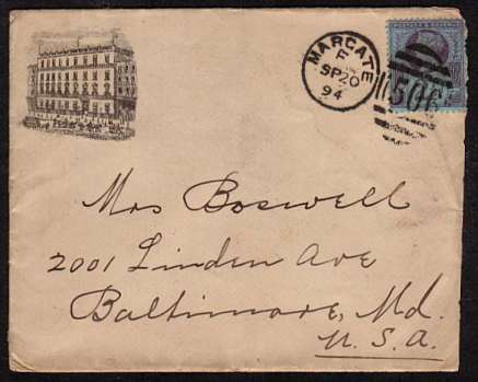 view larger front view of image for 2�d Purple on Blue on an illustrated HOTEL envelope (of the GRESHAM HOTEL in DUBLIN) cancelled with a MARGATE duplex dated SP 20 94 to BALTIMORE - MARYLAND - USA.