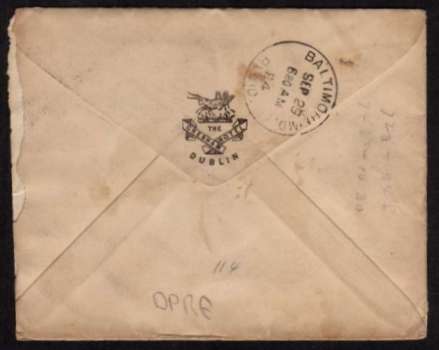 view larger back view of image for 2�d Purple on Blue on an illustrated HOTEL envelope (of the GRESHAM HOTEL in DUBLIN) cancelled with a MARGATE duplex dated SP 20 94 to BALTIMORE - MARYLAND - USA.