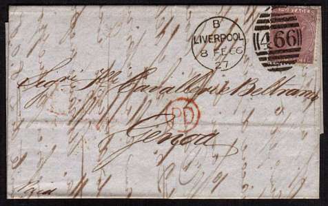 view larger front view of image for 6d Deep Lilac - Plate 5 lettered 'S-L' on entire crisply cancelled with a LIVERPOOL duplex dated 8 FE 66 to GENOA with arrival mark on back only 4 days later!!
