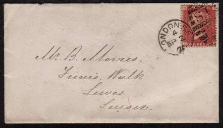 view larger front view of image for 1d Red from Plate 158 lettered 'T-H' on small neatly addressed envelope (with small part of back flap missing) from LONDON dated SP 2 76 to LEWES - SUSSEX.
