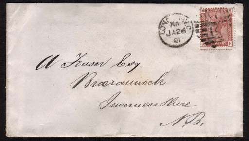view larger front view of image for 1d Venetian Red lettered 'A-H' on small envelope cancelled with a LONDON duplex cancelled JA 26 81 ro INVERNESSSHIRE N.B. (for NORTH BRITAIN) Envelope has embossed backflap reading BEDFORD ROW W.C.