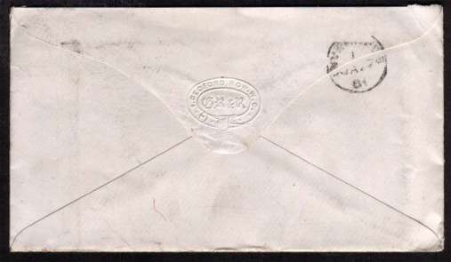 view larger back view of image for 1d Venetian Red lettered 'A-H' on small envelope cancelled with a LONDON duplex cancelled JA 26 81 ro INVERNESSSHIRE N.B. (for NORTH BRITAIN) Envelope has embossed backflap reading BEDFORD ROW W.C.