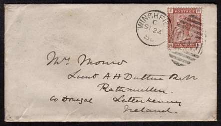 view larger front view of image for 1d Venetian Red lettered 'R-F' cancelled with a WINCHESTER duplex dated SE 24 80 to IRELAND
