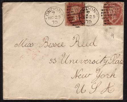 view larger front view of image for 1�d from Plate 1 lettered 'H-I' and 1d Red lettered 'Q-J' cancelled with a LONDON W duplex cancel dated NO 25 75 to NEW YORK USA