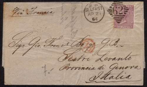 view larger front view of image for 6d Lilac with Hyphen from Plate 5 letterted 'P-G' cancelled with a crisp BELFAST duplex dated AP 21 66 on entire to ITALY. Superb!