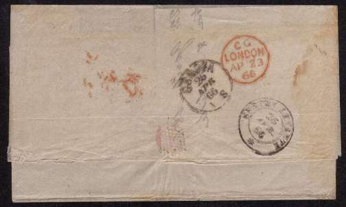 view larger back view of image for 6d Lilac with Hyphen from Plate 5 letterted 'P-G' cancelled with a crisp BELFAST duplex dated AP 21 66 on entire to ITALY. Superb!