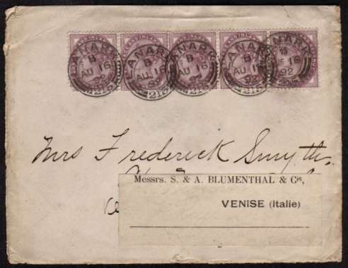 view larger front view of image for 1d Lilac strip of five (in a pair and strip of three) cancelled with five crisp strikes of a LANARK double ring CDS dated AU 16 92 on small envelope (with long letter) to ITALY.