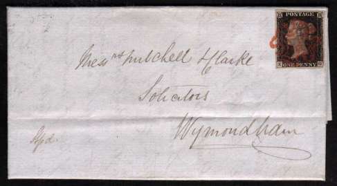 view larger front view of image for 1d Black with four margins from Plate 1B lettered 'K-G' on entire cacelled with a Red Maltese Cross to WYMONDHAM (Norfolk) and backstamped with NORWICH double arc datestamp for DE 8 1840. Very pretty cover. SC Cat �550