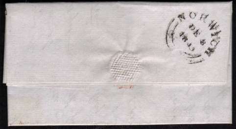 view larger back view of image for 1d Black with four margins from Plate 1B lettered 'K-G' on entire cacelled with a Red Maltese Cross to WYMONDHAM (Norfolk) and backstamped with NORWICH double arc datestamp for DE 8 1840. Very pretty cover. SC Cat �550