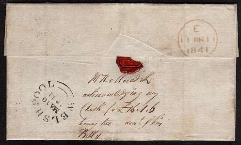 view larger back view of image for 1d Black with four margins Plate 6 lettered 'M-F' cancelled with a Black Maltese Cross on entire from WESHPOOL to AUDIT OFFICE -  SOMERSET HOUSE backstamped WESHPOOL MA 10 1841 with a LONDON arrival mark a day later. Great letter about shy gun dog!