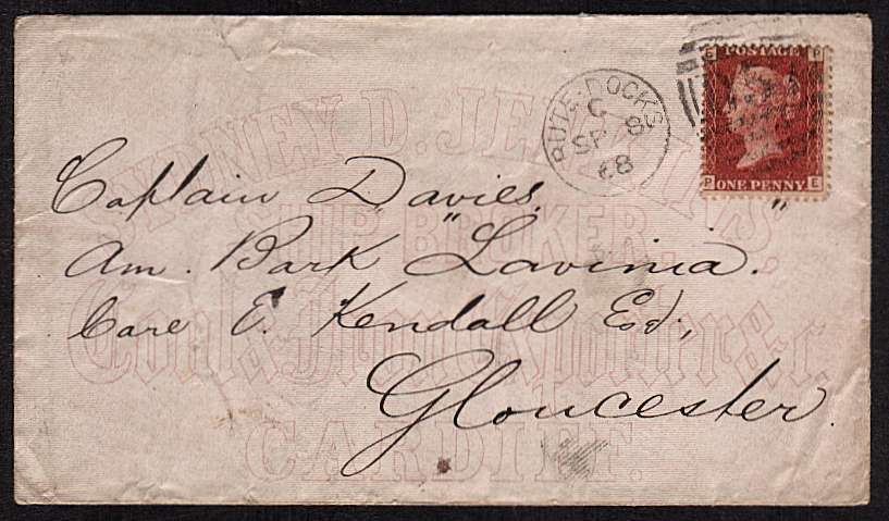 view larger front view of image for 1d Red Plate from Plate 111 lettered 'P-E' on a business adverting envelope reading SYDNEY D. JENKINS - SHIP BROKER - CARDIFF cancelled with a BUTE DOCKS duplex dated SP 8 68 to GLOUCESTER.
