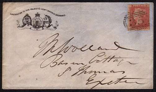 view larger front view of image for 1d Red 'stars' lettered 'P-H' on small neat printed cachet, CONTRACTOR TO HER MAJEST'S HON BOARD OF ORDNANCE  envelope cancelled with a '35' handstamp for AXMINSTER also backstamped AXMINSTER AU 20 60 to EXETER. Pretty!