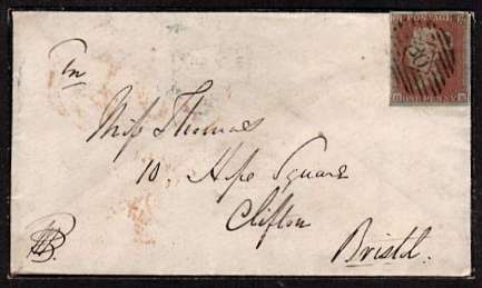 view larger front view of image for 1d Red four margined imperforate lettered 'H-K' on mourning envelope cancelled with a LONDON '30' for CARSHALTON to CLIFTON - BRISTOL with a CLIFTON arrival on the back dated JU 25 1851