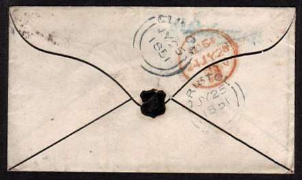view larger back view of image for 1d Red four margined imperforate lettered 'H-K' on mourning envelope cancelled with a LONDON '30' for CARSHALTON to CLIFTON - BRISTOL with a CLIFTON arrival on the back dated JU 25 1851