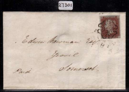 view larger front view of image for 1d Red-Brown imperforate from Plate 1b lettered ''O-I'' showing the re-entry on a entire from BARNSTABLE to YEOVIL dated 24 June 1841 with the benefit of a BRANDON certificate stating Genuine. SG Spec Cat AS6b