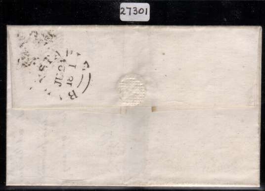 view larger back view of image for 1d Red-Brown imperforate from Plate 1b lettered ''O-I'' showing the re-entry on a entire from BARNSTABLE to YEOVIL dated 24 June 1841 with the benefit of a BRANDON certificate stating Genuine. SG Spec Cat AS6b