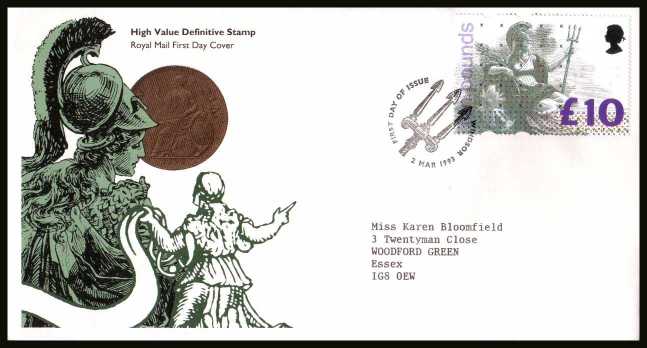 view larger back view image for £10 Britannia High Value Definitive single on a neatly typed addressed official Royal Mail FDC cancelled with the alternative FDI cancel for WINDSOR dated 2 MAR 1993