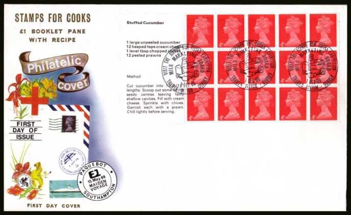 view larger back view image for ''STAMPS FOR COOKS'' - PANE 2 - 4d CUCUMBER booklet pane on an unaddressed FDC cancelled with three strikes of the special MILK MARKETING BOARD handstamp dated 1 DE 69<br/><b>KKL</b>