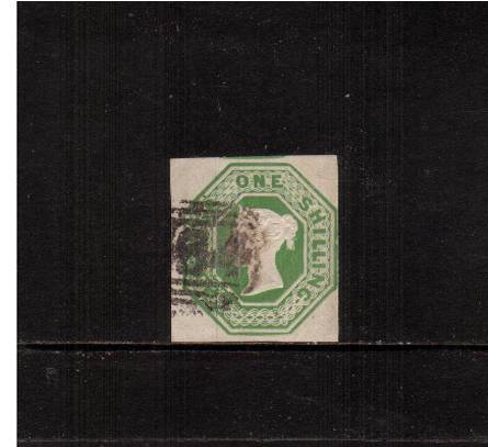 view larger image for SG 55 (1847) - Embossed - 1/- Green<br/>A lovely cut square fine used single<br/>with four clear margins, close at right.<br/>
SG Cat £1000<br/><b>J2016</b>

