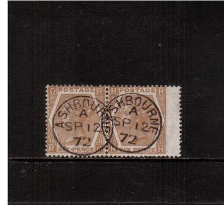 view larger image for SG 122a (1872) - 6d Chestnut - Watermark Spray - Plate 11<br/>
Lettered ''R-G'' to ''R-H''<br/>
A lovely superb fine used pair lettered ''R-G'' - ''R-H'' cancelled with two crisp upright strikes of an ASHBOURNE steel CDS dated SP 12 72<br/><b>J2016</b>
