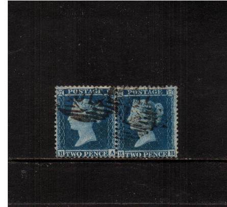 view larger image for SG 34 (1855) - 2d Blue from Plate 5 - Large Crown - Perf 14<br/>
A lovely pair lettered ''H-A, H-B''. Superb!<br/>
SG Cat £140 
<br/><b>J2016</b>