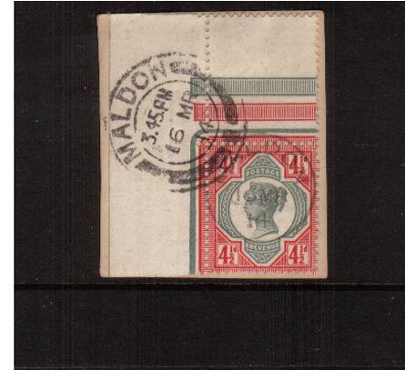 view larger image for SG  206 (1892) - 4½d Green and Carmine<br/>
A superb fine used NW corner of sheet single tied to small piece with a MALDON double ring CDS dated 16 MR 14. Rare and unusual!

<br/><b>J2016</b>