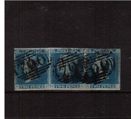 view larger image for SG 14 (1841) - 2d Blue from Plate 3<br/>
A fine four margined strip of three lettered ''G-J'' to ''G-L'' cancelled with three strikes of a SHEFFIELD ''700''
<br/><b>J2016</b>